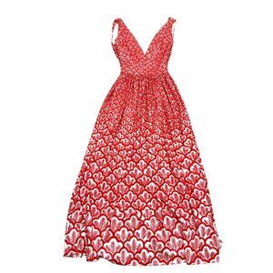 Adele Simpson Women's Long Maxi Dress Floral Red White V-Neck Vintage 60s 70s
